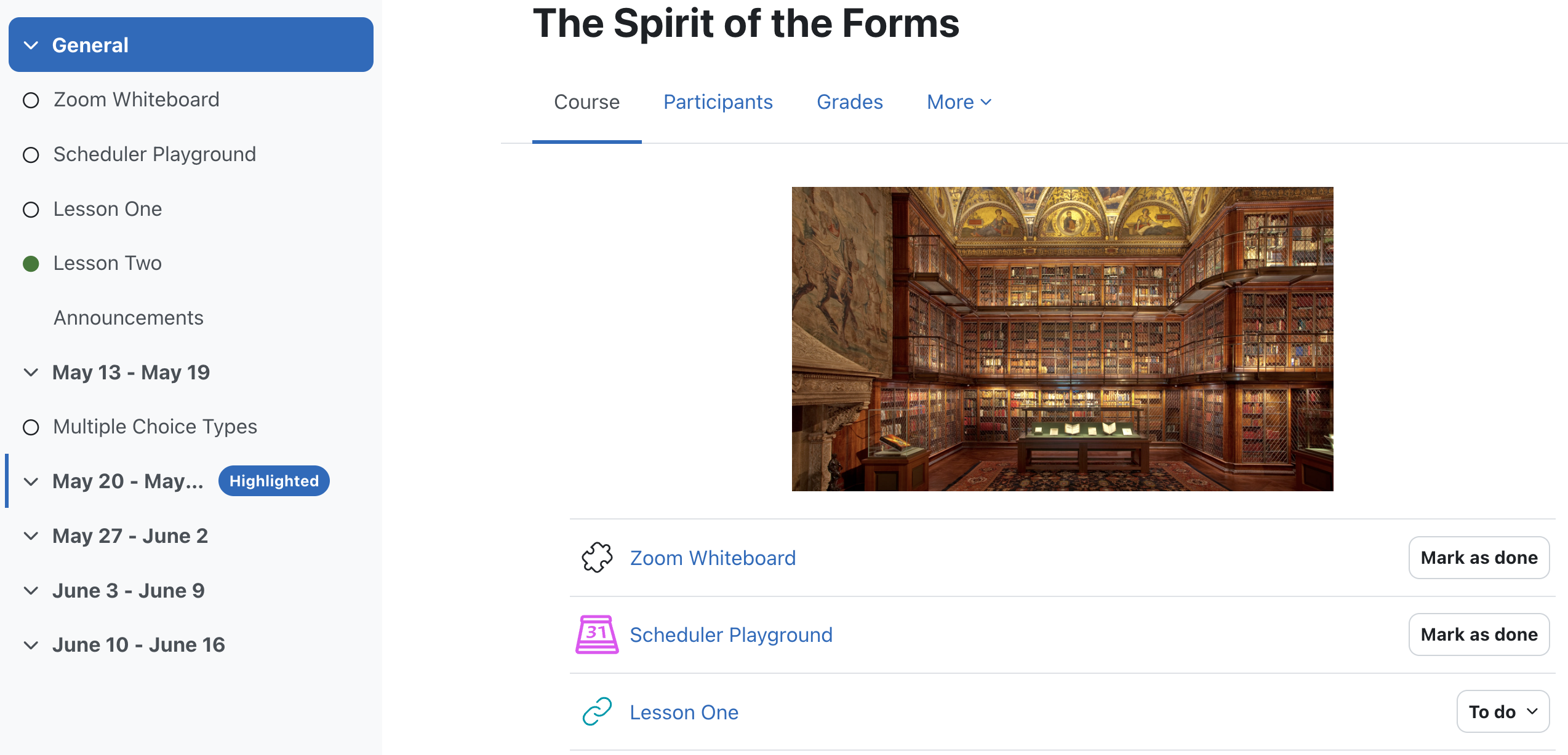A Moodle course named The Spirit of the Forms with a picture of a beautiful library beneath its title then several activities