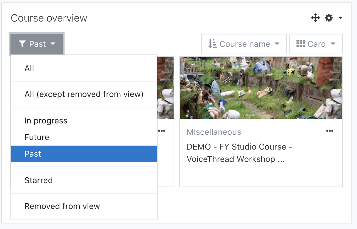 Showing the drop-down options for course view filters on the Dashboard