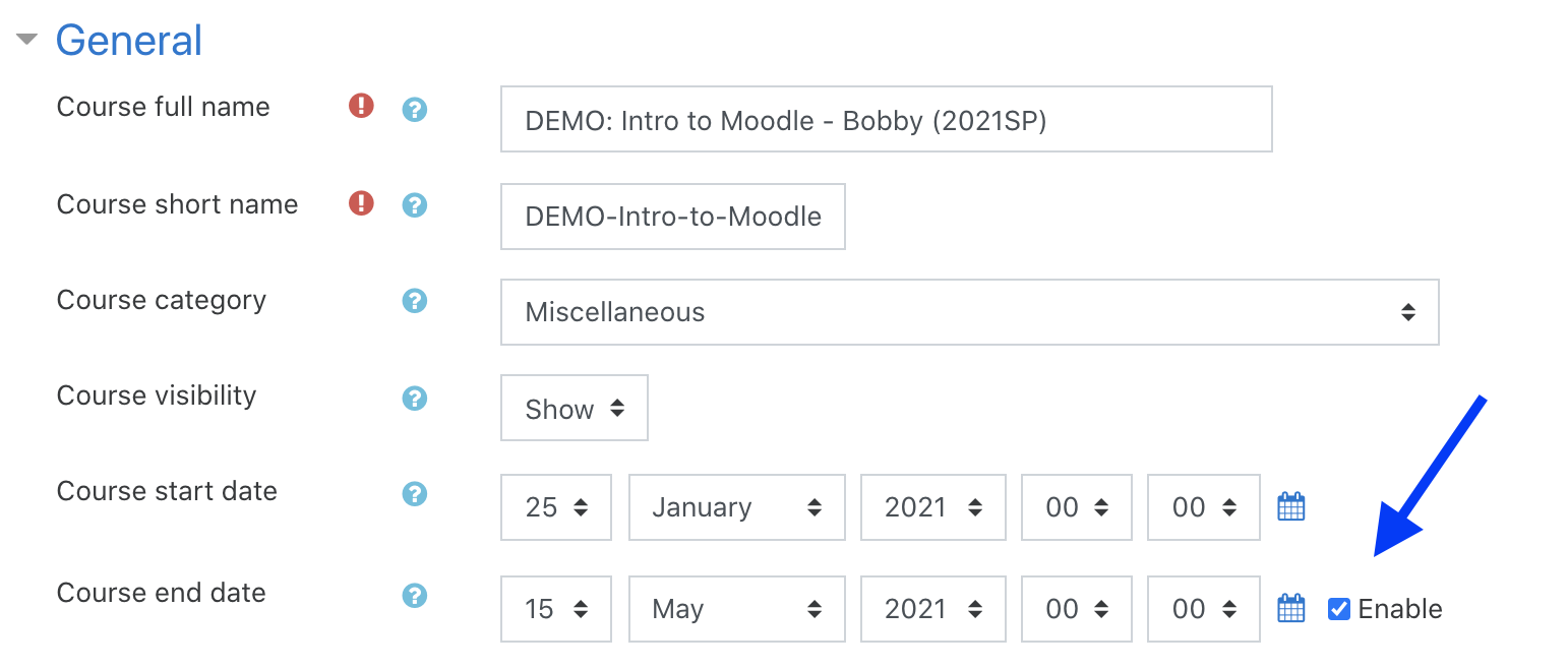 Showing where to set the course end date in the Edit Settings page of Moodle